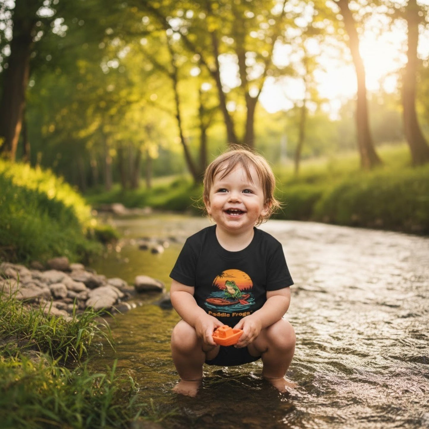 Playing in the creek wearing the black Sunset Frog Paddle Board Explorer Toddler Tee "Skate & Paddle Frogs™ 