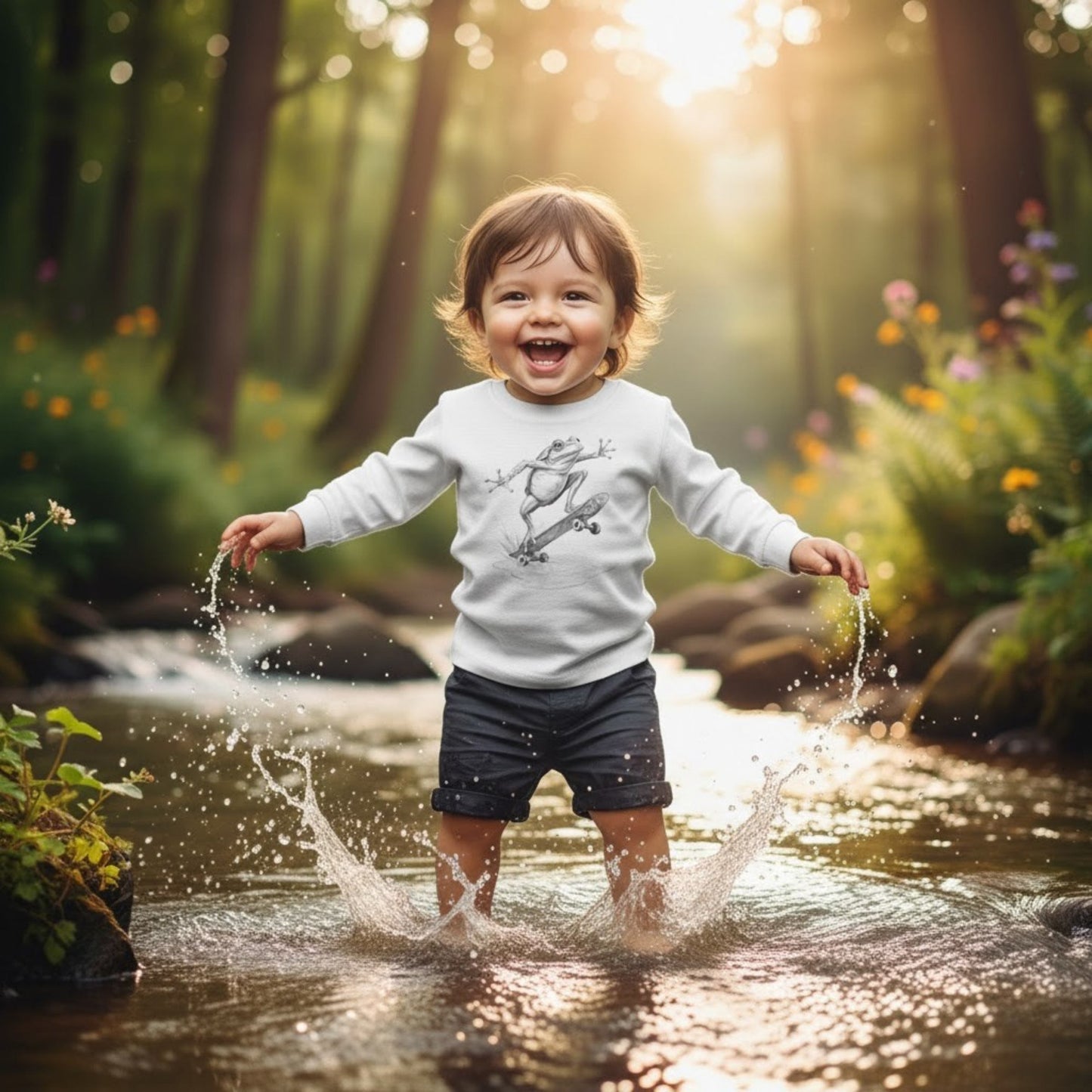 Playing in the creek wearing the White Skate Jam Long Sleeve Tee: Ollie Frog Kids Shirt | Paddle Frogs™