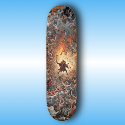 Politico-Jesterphile - Paddle Frogs - Professional 7 Layer Maple Decks | Skateboard deck with a vibrant design of a person in a red outfit against a fiery background on a blue gradient background.