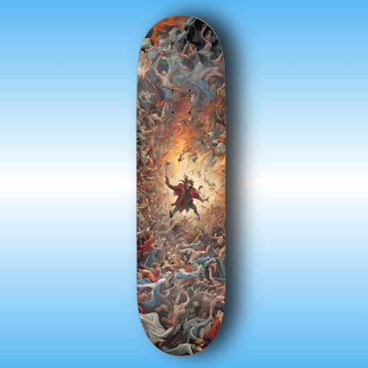 Politico-Jesterphile - Paddle Frogs - Professional 7 Layer Maple Decks | Skateboard deck with a vibrant design of a person in a red outfit against a fiery background on a blue gradient background.