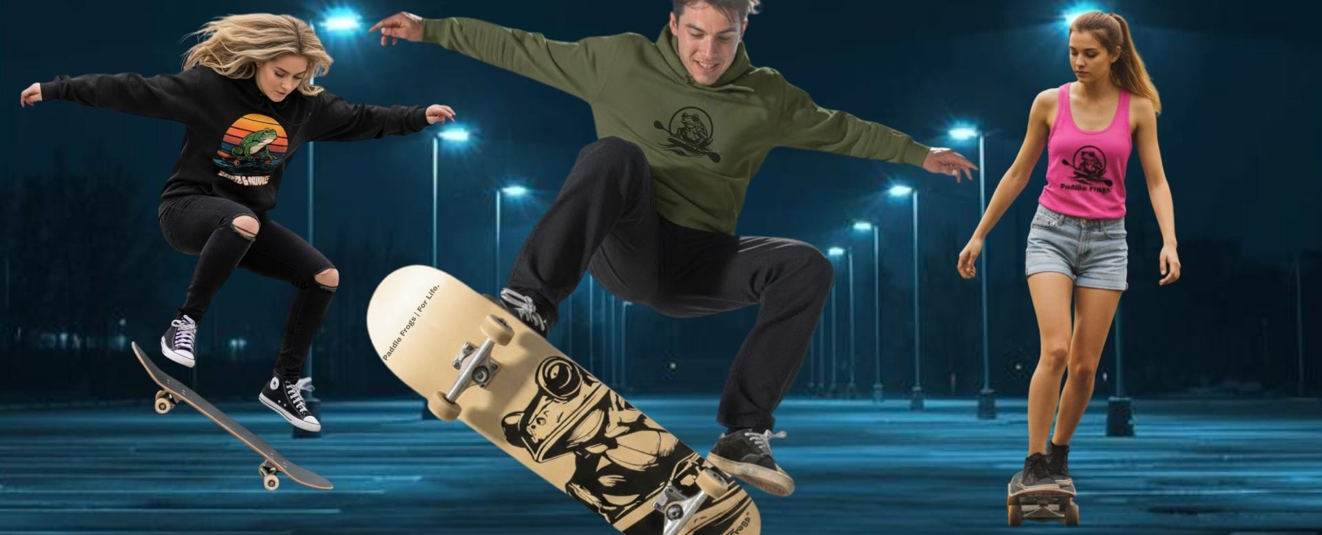 Popsicle Decks by Paddle Frogs Outdoor Gear Skate Shop Three people skateboarding at night with streetlights in the background