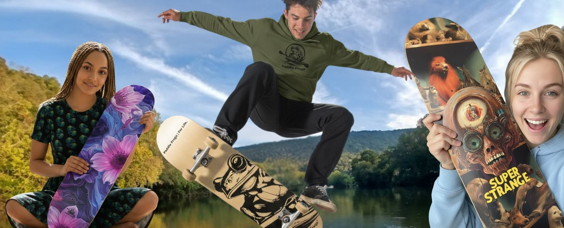 Popsicle Decks by Paddle Frogs Outdoor Gear Skate Shop Three people with colorful skateboards in a scenic outdoor setting