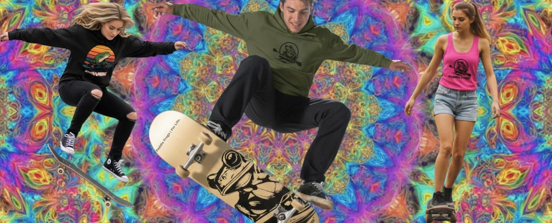 Three people skateboarding on a colorful, abstract background Popsicle Stick skateboard decks by Paddle Frogs skate shop