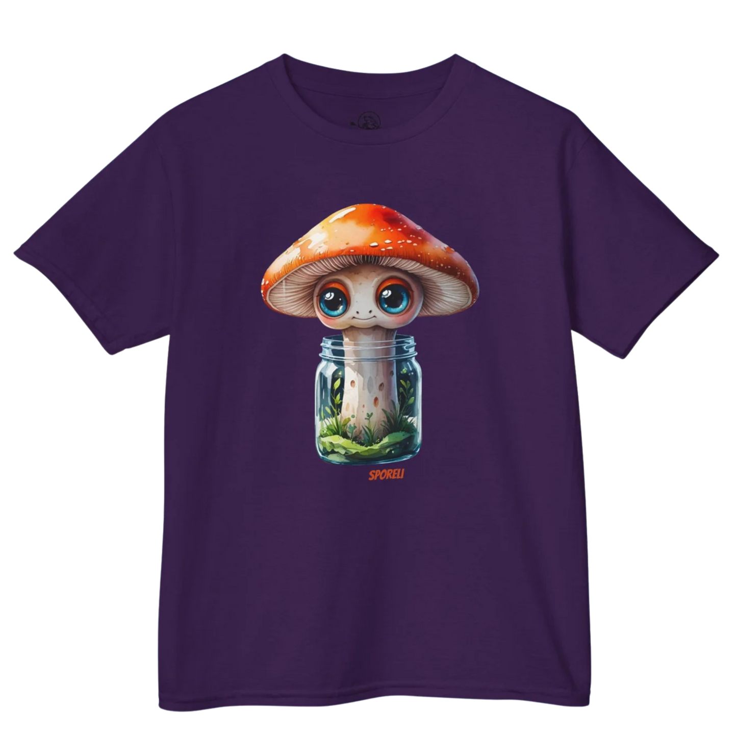 Purple | Sporeli - Youth Tee  - Paddle Frogs Outdoor Gear Kids - Purple t-shirt with a cartoon mushroom design on a white background