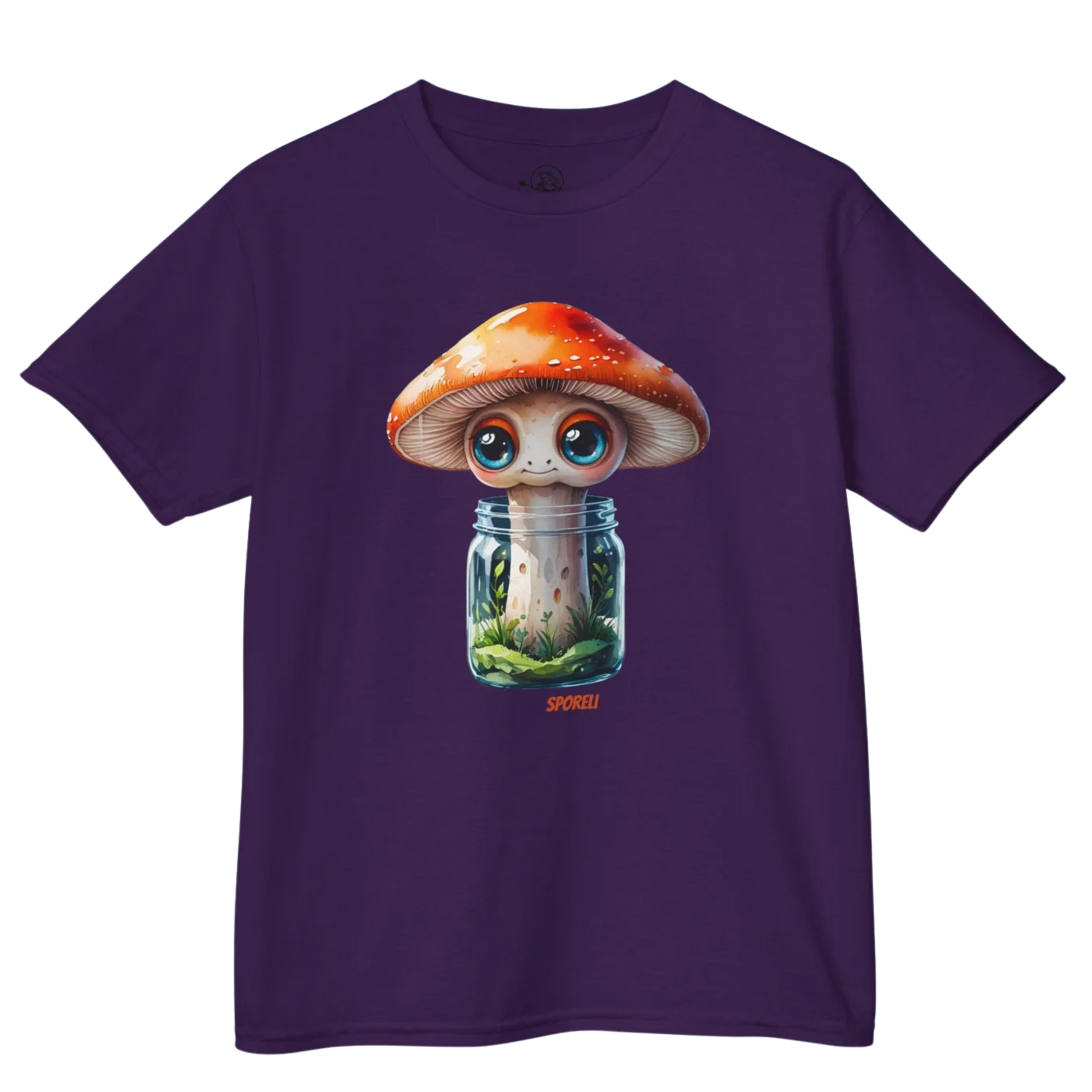 Purple | Sporeli - Youth Tee  - Paddle Frogs Outdoor Gear Kids - Purple t-shirt with a cartoon mushroom design on a white background