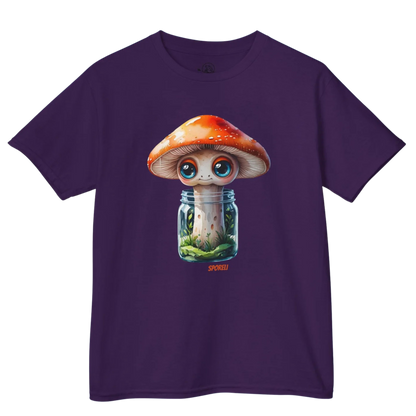 Purple | Sporeli - Youth Tee  - Paddle Frogs Outdoor Gear Kids - Purple t-shirt with a cartoon mushroom design on a white background