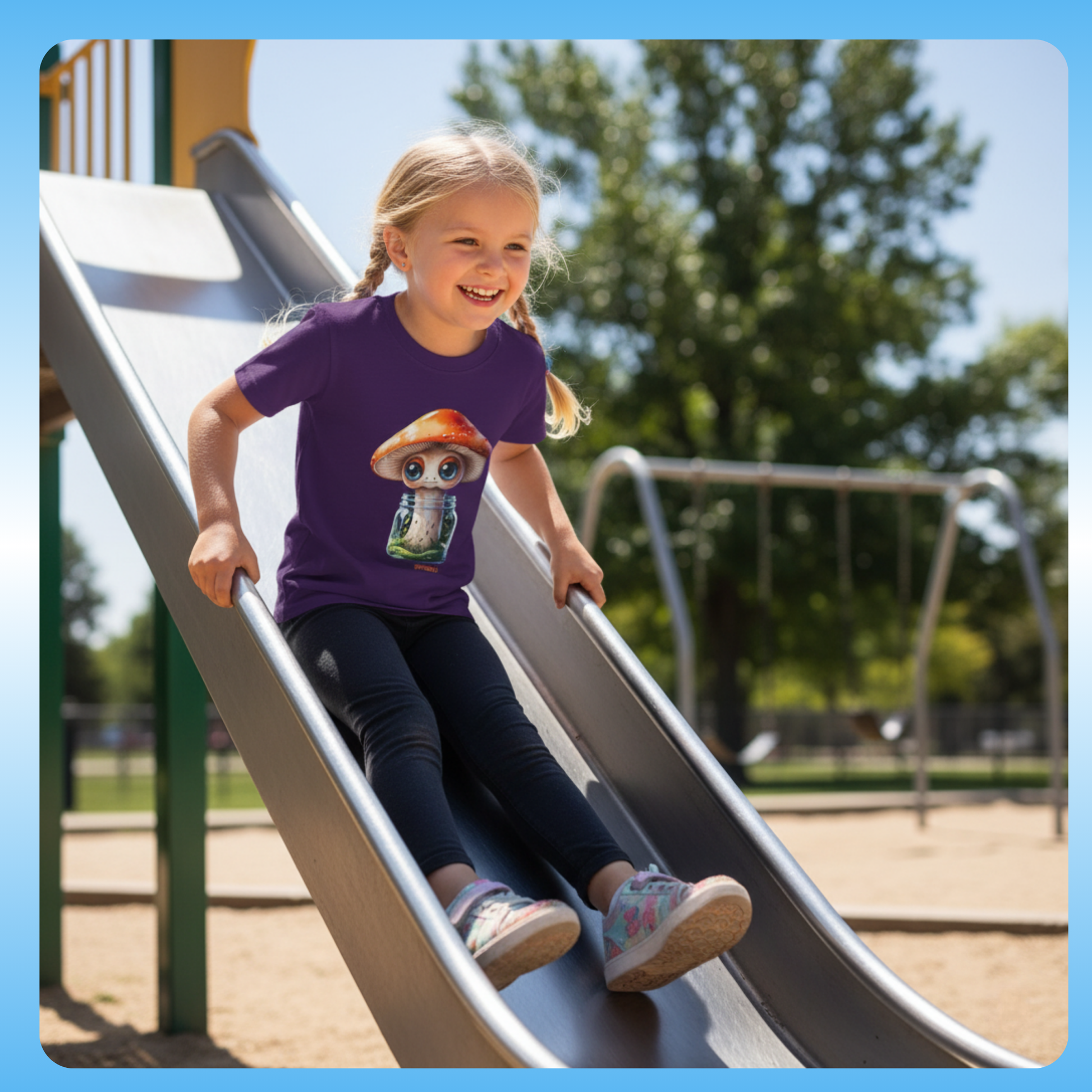 Purple Sporeli From the world of Paddle Frogs Musical Stories comes the Sporeli Youth T-Shirt, a playful and imaginative design that sparks curiosity and adventure. Perfect for children who love music, storytelling, and magical characters Child sliding down a playground slide wearing a purple shirt with a graphic design.