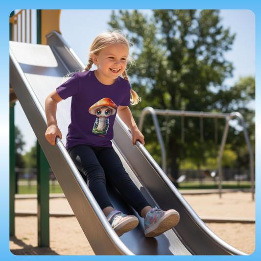 Purple Sporeli From the world of Paddle Frogs Musical Stories comes the Sporeli Youth T-Shirt, a playful and imaginative design that sparks curiosity and adventure. Perfect for children who love music, storytelling, and magical characters Child sliding down a playground slide wearing a purple shirt with a graphic design.