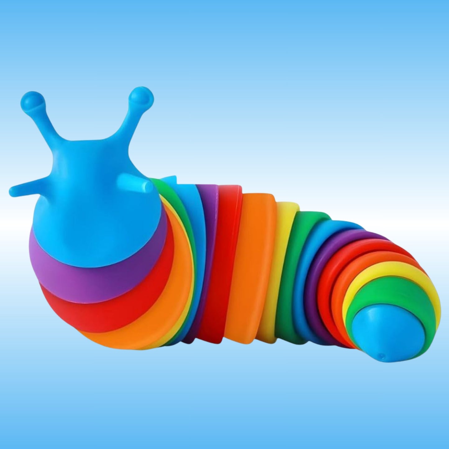 A colorful, fidget sensory toy, segmented slug toy made of smooth, rounded plastic rings in a rainbow of colors, with a bright blue head and antennae, set against a light blue gradient background.