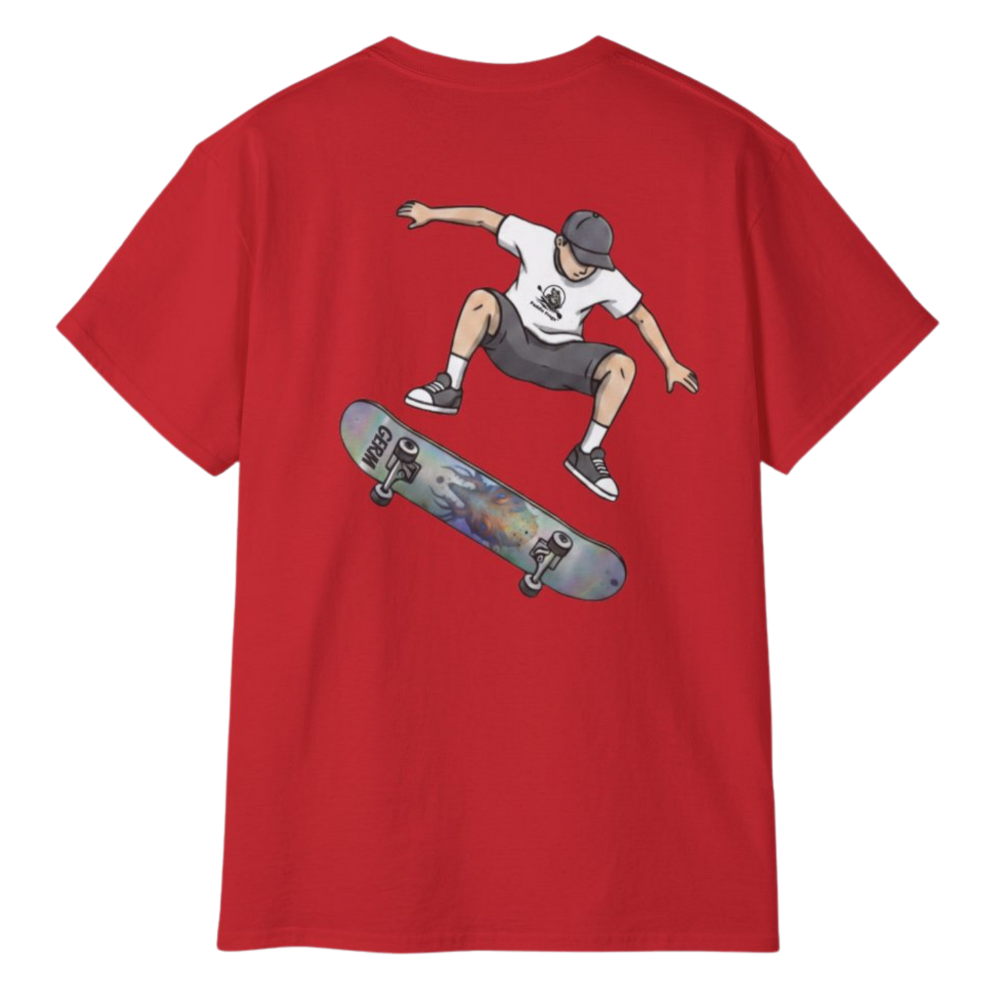Red Germ Skateboarder Kickflip Graphic Tee by Paddle Frogs™ on a transparent background