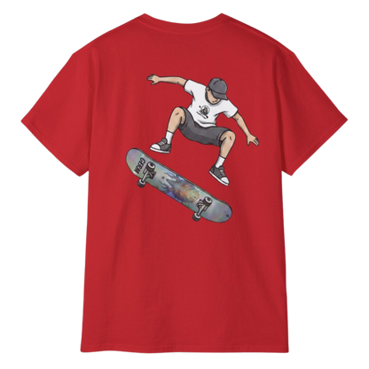 Red Germ Skateboarder Kickflip Graphic Tee by Paddle Frogs™ on a transparent background