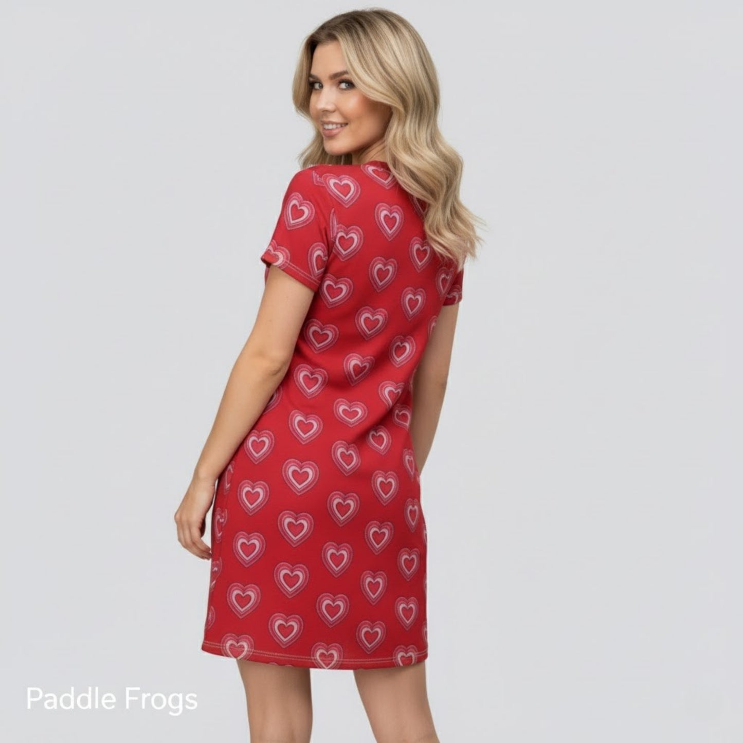 Red Heart Love Tee Dress Paddle Frogs model backside of beautiful red hearts