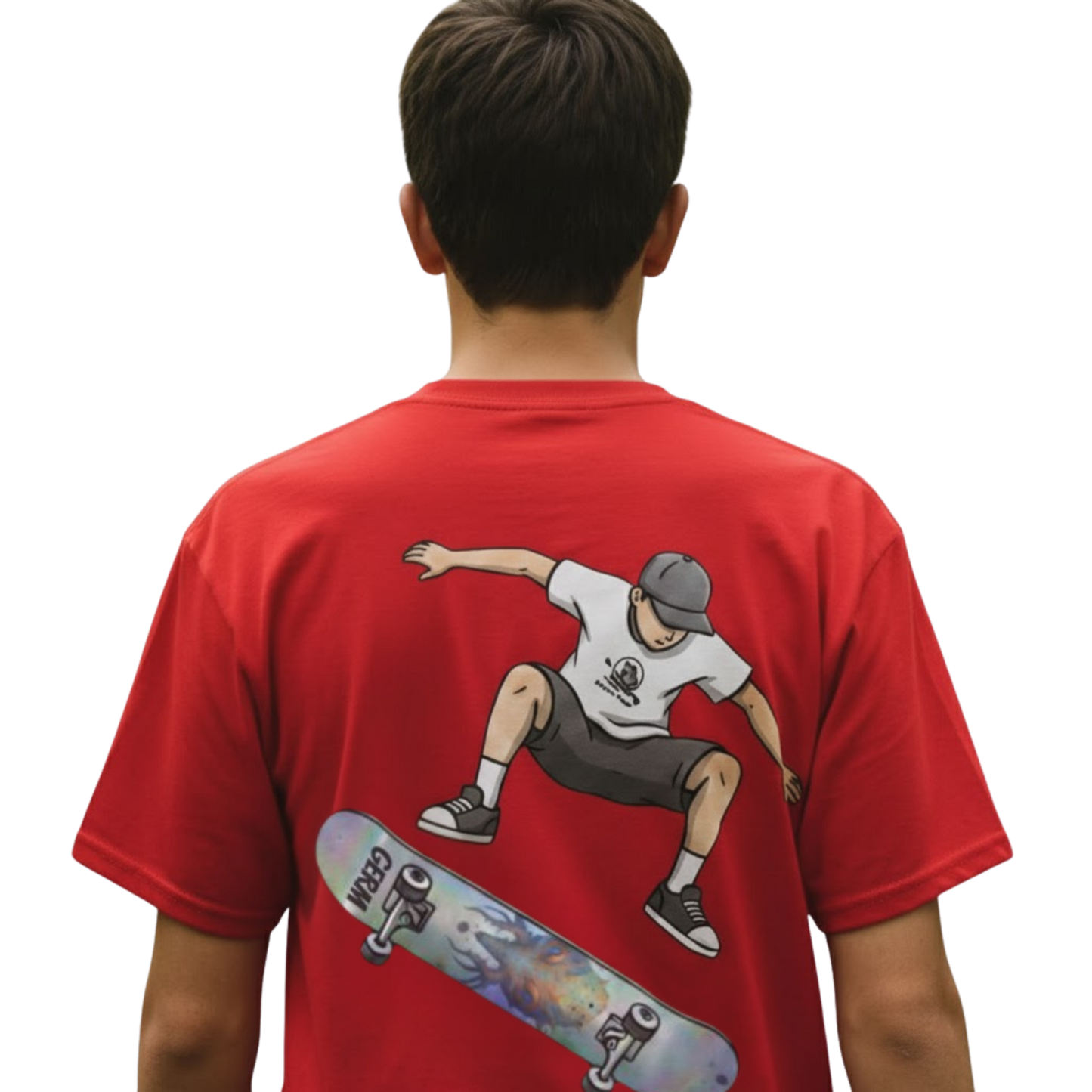 Red T-Shirt on a transparent background Germ Skateboarder Kickflip Graphic Tee by Paddle Frogs™