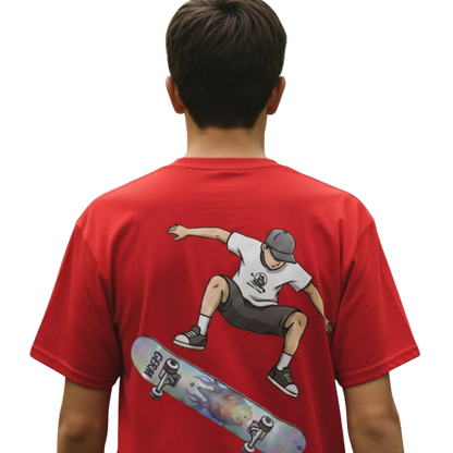 Red T-Shirt on a transparent background Germ Skateboarder Kickflip Graphic Tee by Paddle Frogs™