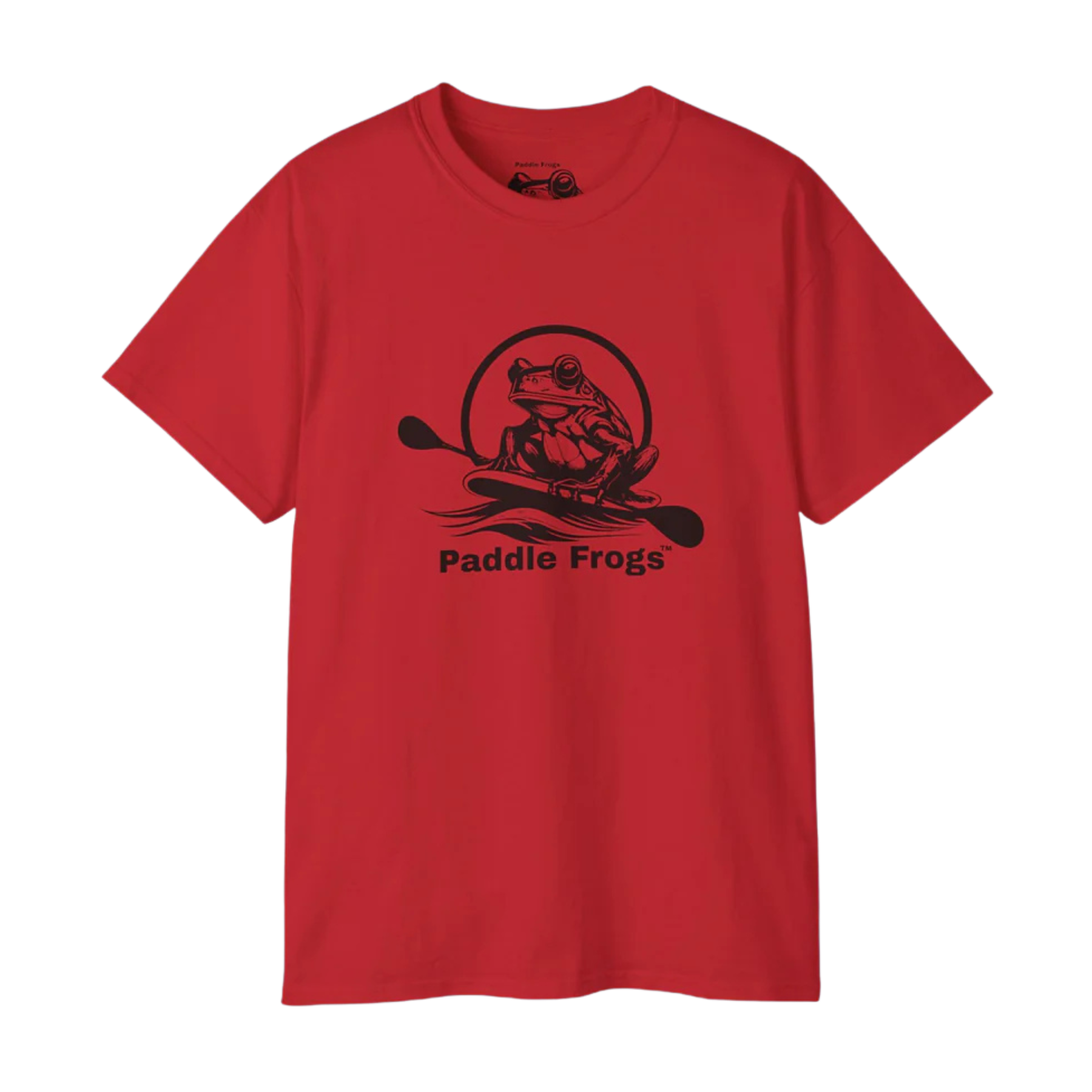 Red t-shirt with black frog graphic and 'Paddle Frogs' text on a white background
