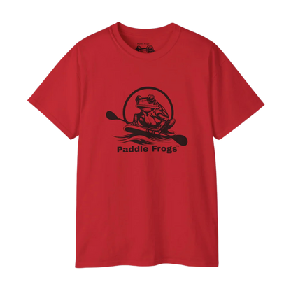 Red t-shirt with black frog graphic and 'Paddle Frogs' text on a white background