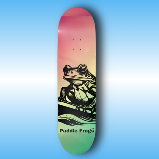 Reggae Style - Paddle Frogs Skateboard deck with a frog design and 'Paddle Frogs' branding on a blue gradient background