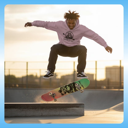 Person skateboarding at a park with a cityscape in the background Reggae Style | 8.75 | Paddle Frogs Skate Shop