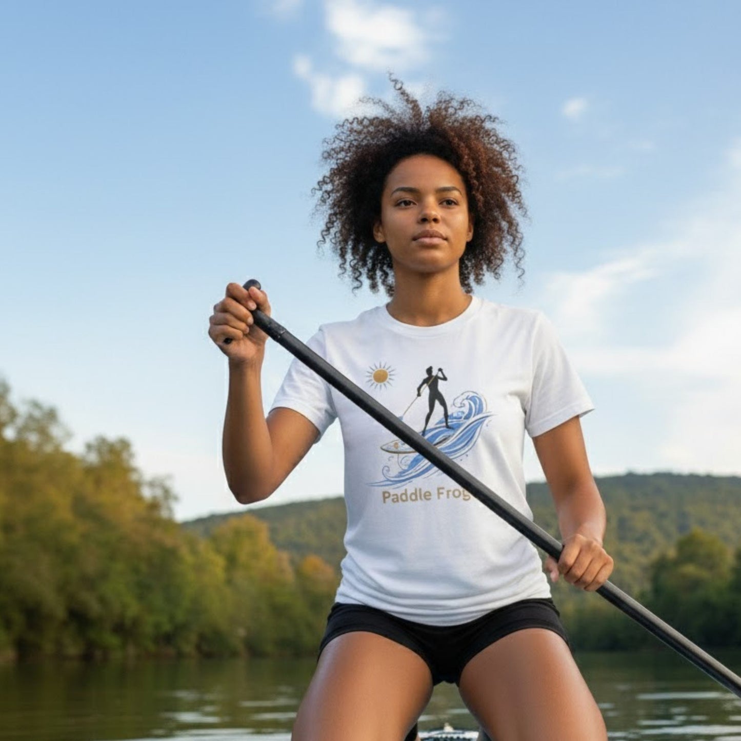 Relaxing at the Emory River in Roane County Tennessee on the Divine Escape paddle board wearing the "Sun Stoke" High-Quality Stand-Up Paddleboard T-Shirt – Premium Ring-Spun Cotton SUP Tee