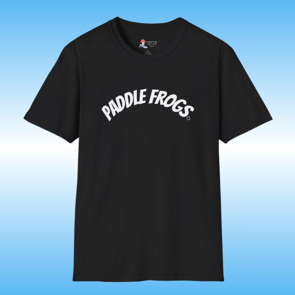 A black short-sleeve crewneck 100% soft cotton t-shirt featuring the words 'PADDLE FROGS' printed in white arched text across the chest, displayed against a blue gradient background.