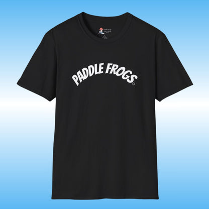 A black short-sleeve crewneck 100% soft cotton t-shirt featuring the words 'PADDLE FROGS' printed in white arched text across the chest, displayed against a blue gradient background.