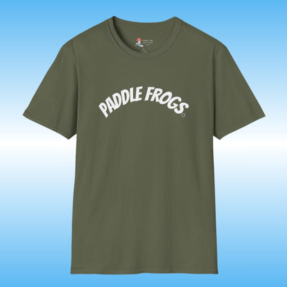 An olive green short-sleeve soft 100% cotton t-shirt with 'PADDLE FROGS' printed in white arched text across the chest, displayed against a blue gradient background.