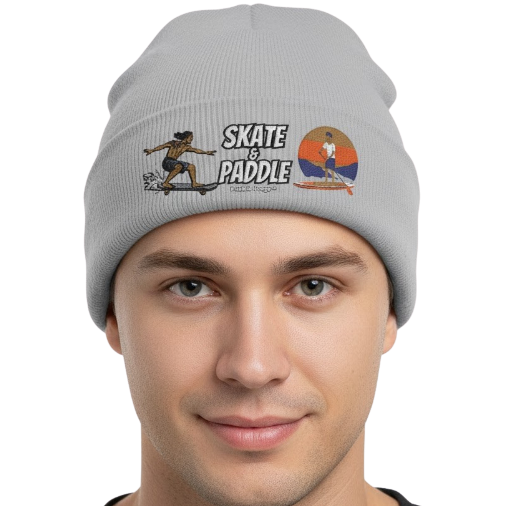 Rhythmic Life: The Skate & Paddle Beanie by Paddle Frogs™ Gray color on a transparent background Gray beanie with 'Skate & Paddle' design worn by a person on a white background
