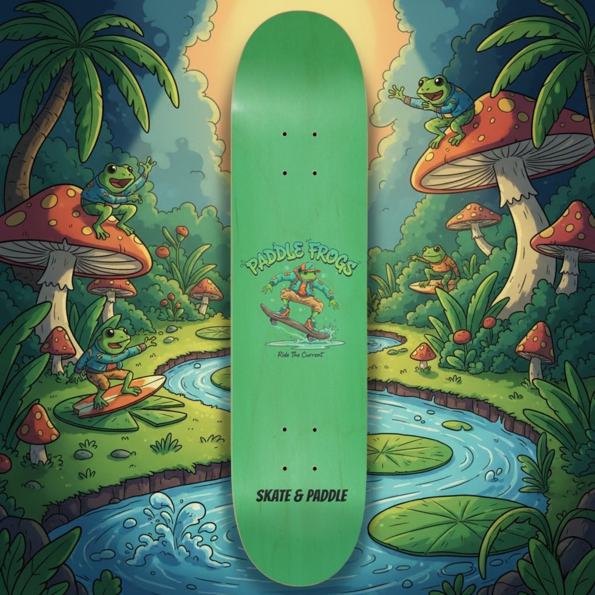 Ride The Current 7.5 Green Skateboard deck by Paddle Frogs™ Skate & Paddle cartoon mushroom forest