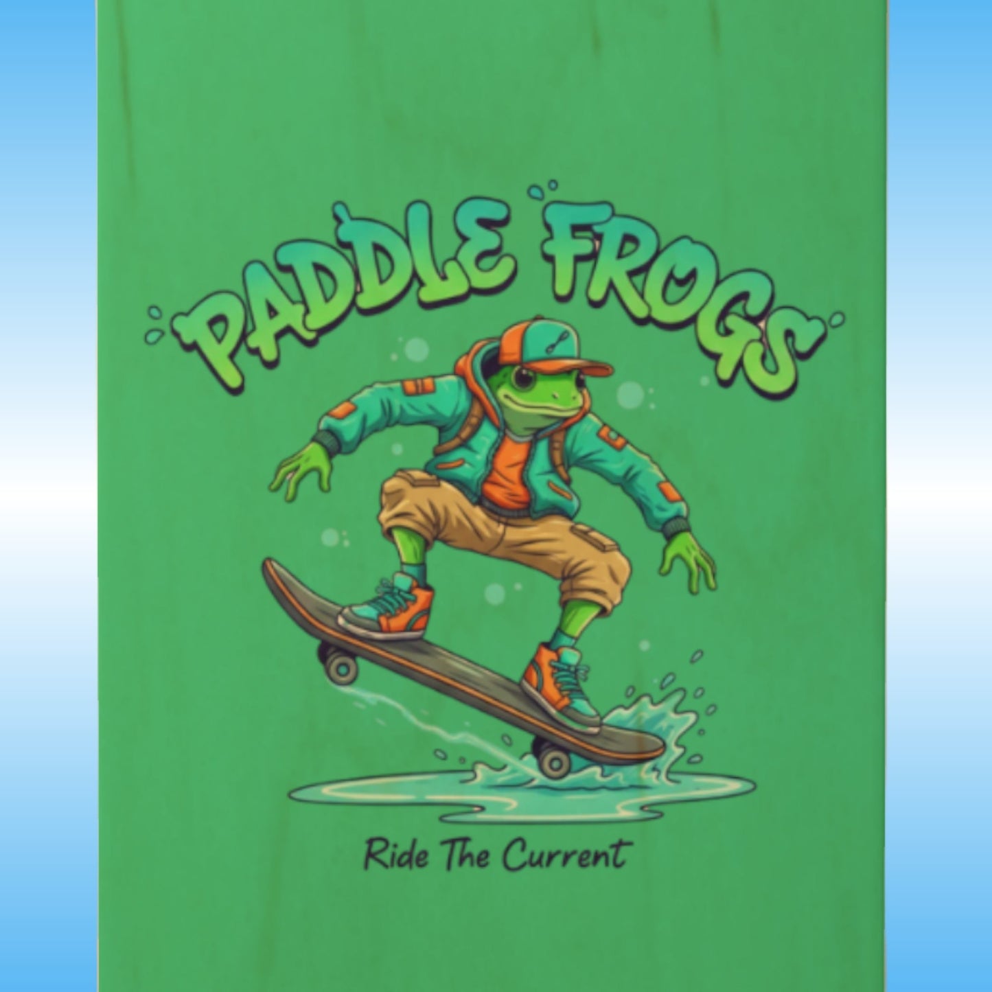 Ride The Current 7.5 Skateboard deck by Paddle Frogs™ Skate & Paddle close up of the center image