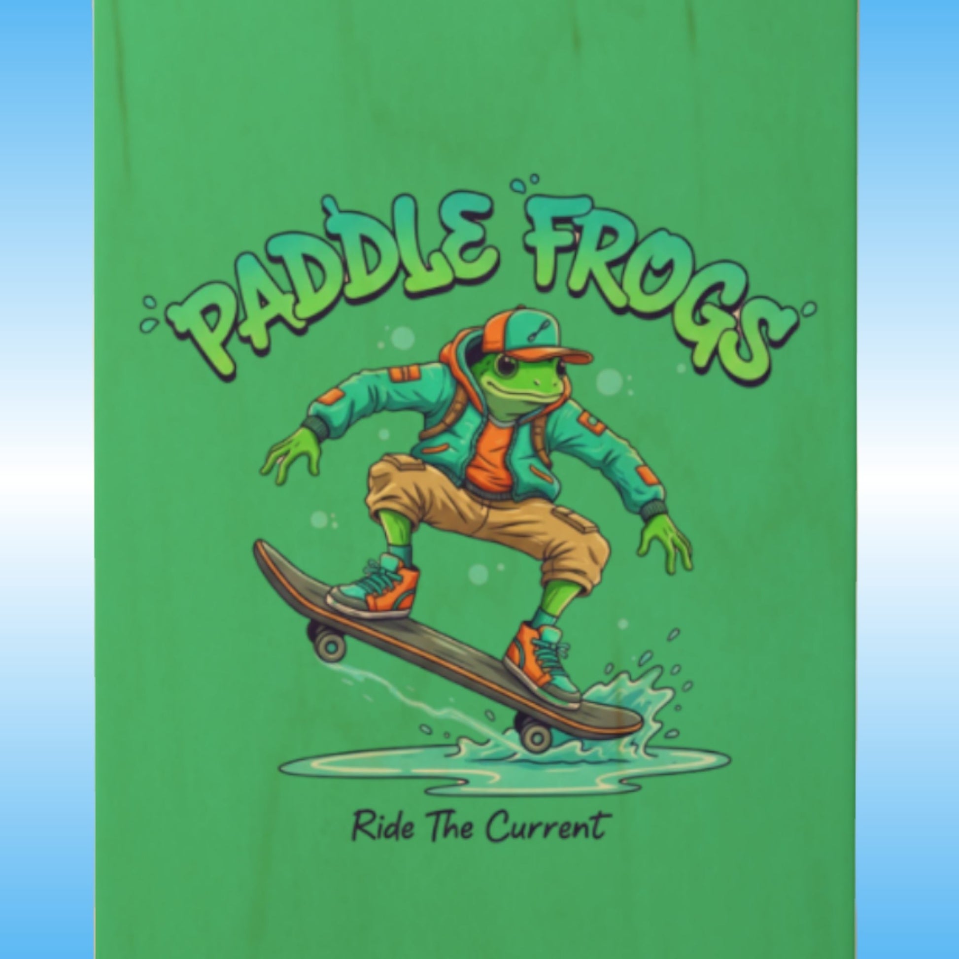 Ride The Current 7.5 Skateboard deck by Paddle Frogs™ Skate & Paddle close up of the center image