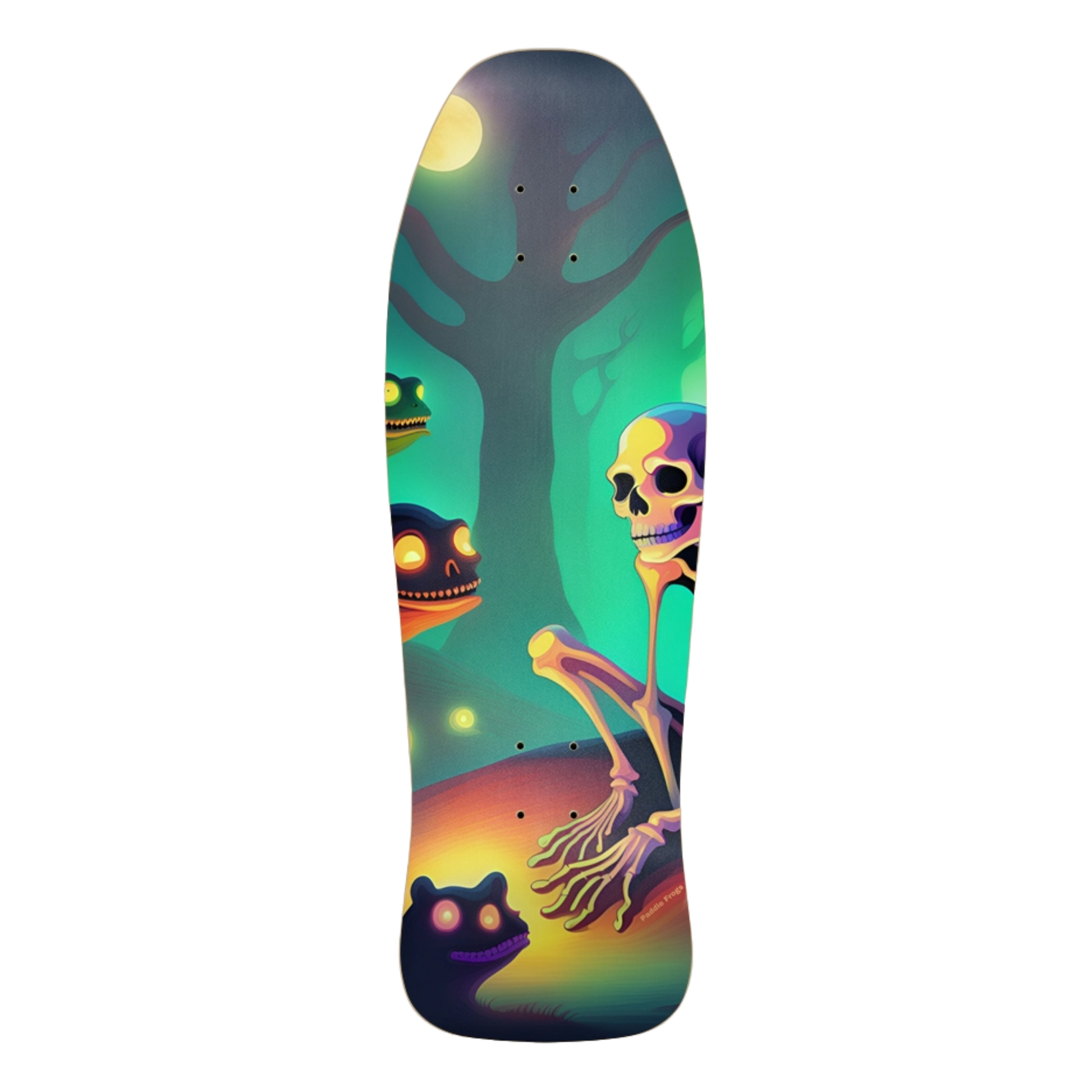 Best Friends Glow | Paddle Frogs™ Skateboard deck with a colorful skeleton and tree design on a white background