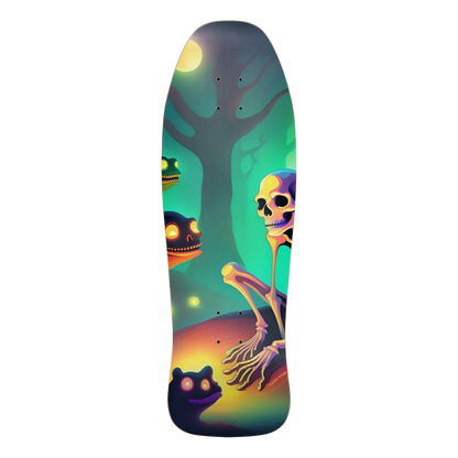 Best Friends Glow | Paddle Frogs™ Skateboard deck with a colorful skeleton and tree design on a white background