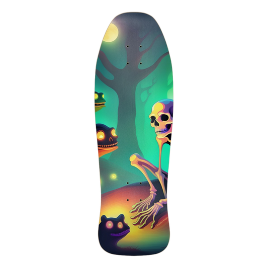 Best Friends Glow | Paddle Frogs™ Skateboard deck with a colorful skeleton and tree design on a white background