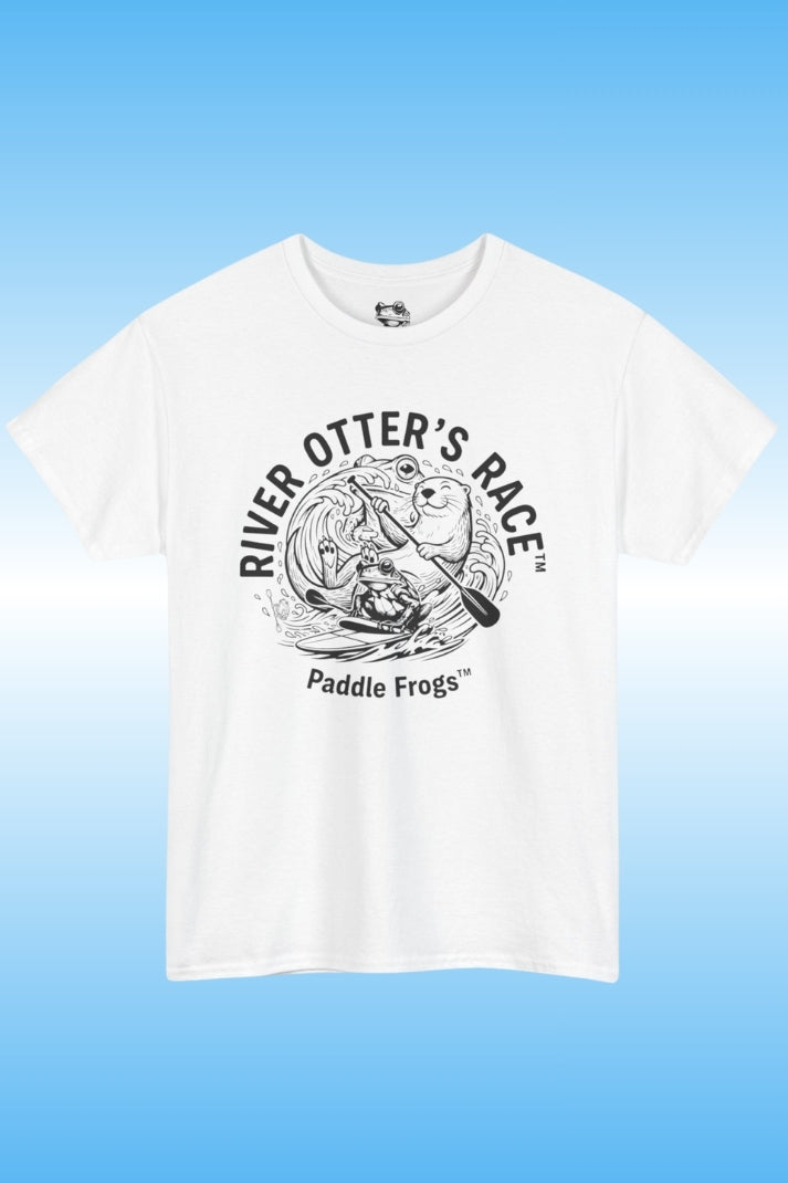 River Otter's Race: Adventure Tee on a light blue background