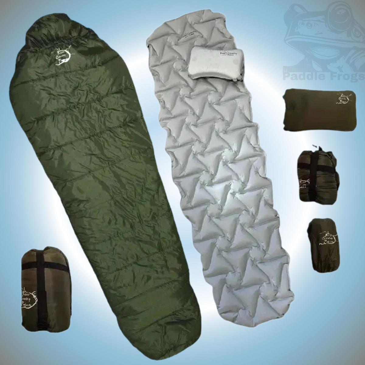 An inflatable sleeping bag set featuring an olive green sleeping bag, a silver inflatable pad, and a backpack camping pillow. Four small bundled bags included.