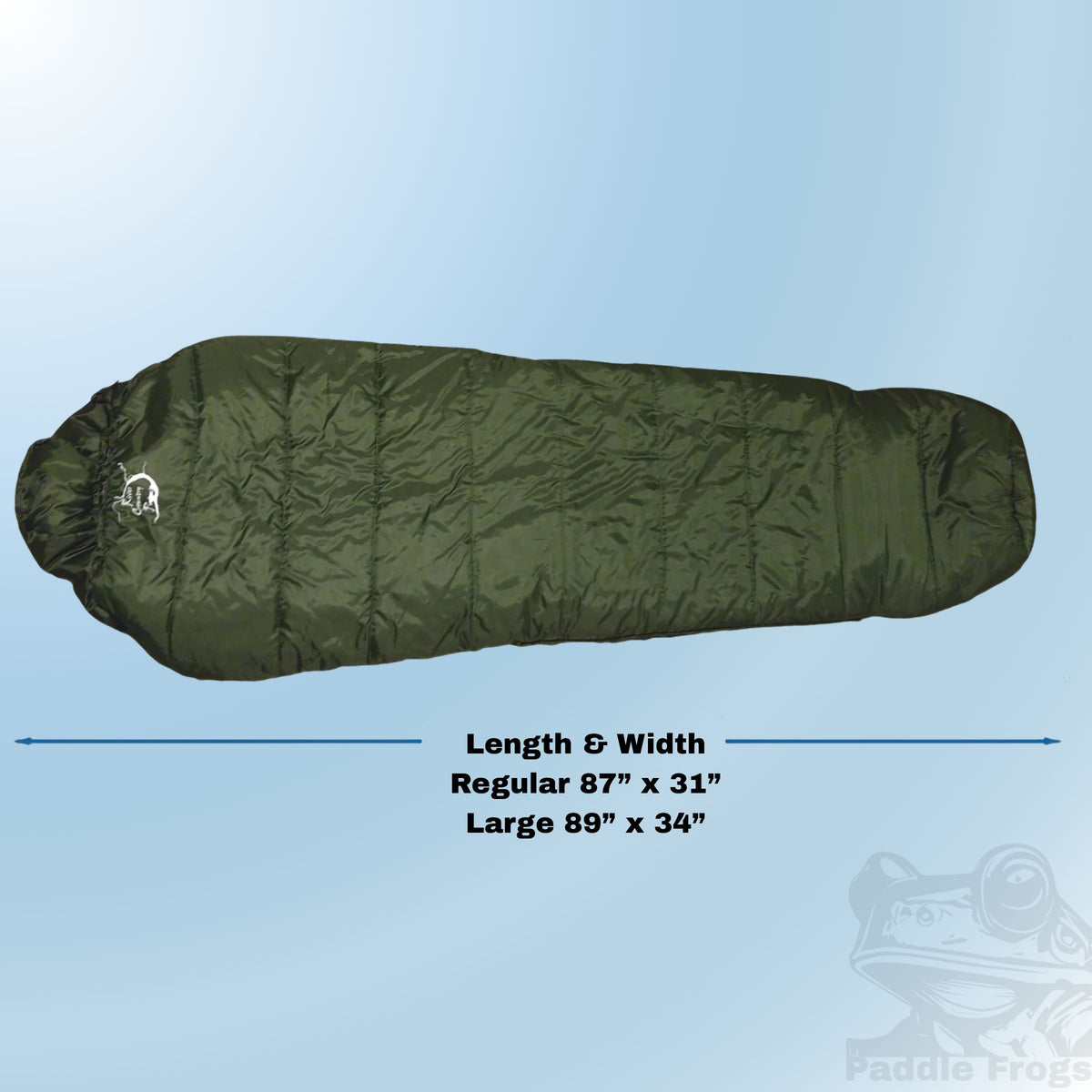 An olive green sleeping bag shown horizontally on a light blue gradient background, with text below indicating length and width measurements for regular and large sizes - Paddle Frogs Outdoor Gear camping combo set