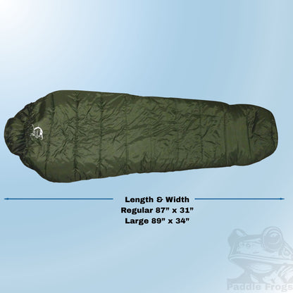 An olive green sleeping bag shown horizontally on a light blue gradient background, with text below indicating length and width measurements for regular and large sizes - Paddle Frogs Outdoor Gear camping combo set