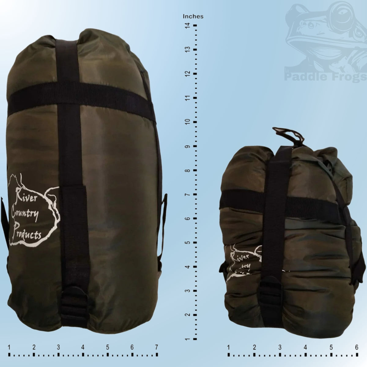 Sleeping bag, backpacking pillow, and camping inflatable pad all packed up into 2 small bags ready for hiking paddling and sleeping outdoors. dimensions shown for both products packed.