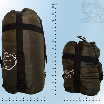 Sleeping bag, backpacking pillow, and camping inflatable pad all packed up into 2 small bags ready for hiking paddling and sleeping outdoors. dimensions shown for both products packed.