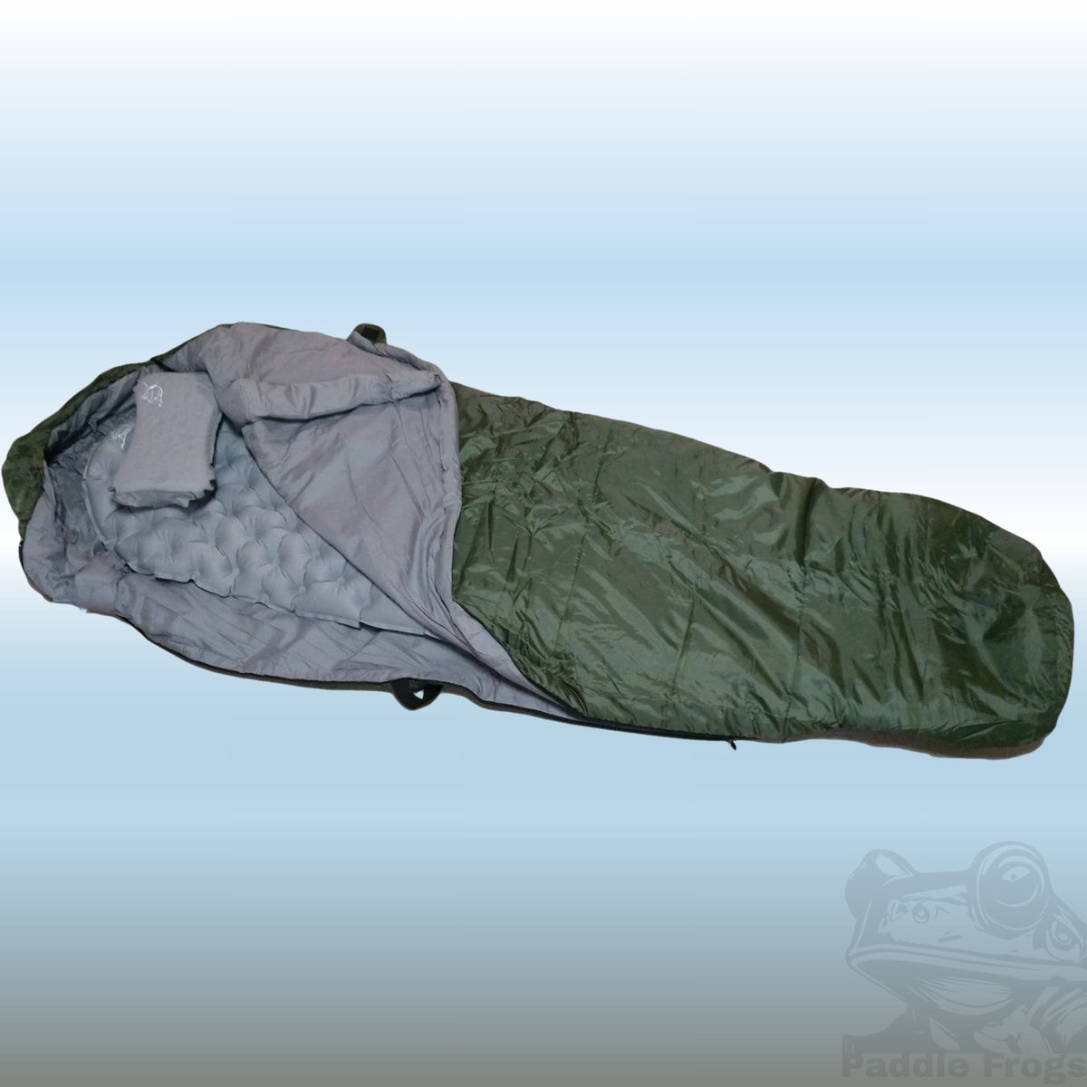 Paddle Frogs Country Gear Sleeping Bag, Sleeping Pad & Pillow Combo Set ready for use in a tent or outdoor to sleep