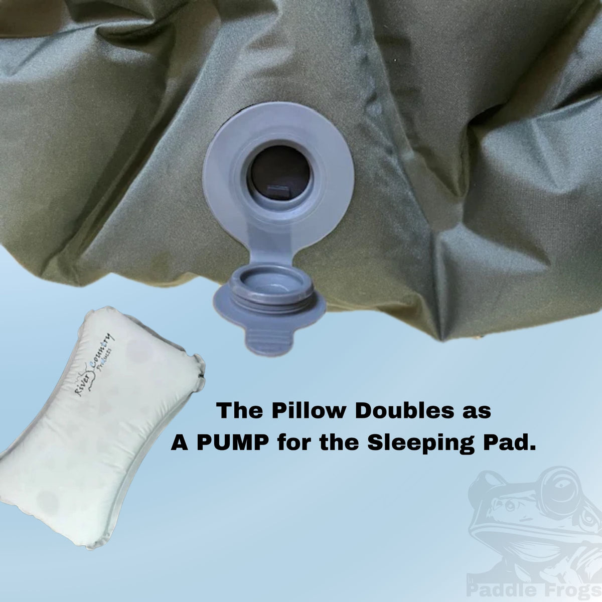 An inflatable sleeping pad with a pump valve and a separate inflatable pillow pump, The Pillow Doubles as A PUMP for the Sleeping Pad. offered at Paddle Frogs Outdoor Gear