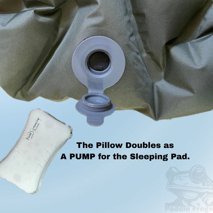 An inflatable sleeping pad with a pump valve and a separate inflatable pillow pump, The Pillow Doubles as A PUMP for the Sleeping Pad. offered at Paddle Frogs Outdoor Gear