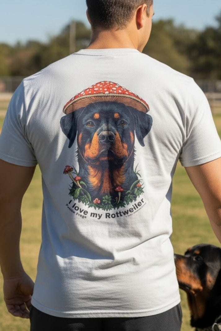 a muscle man with his dog wearing a white Rottweiler Guardian | Magic Mushroom Forest Tee