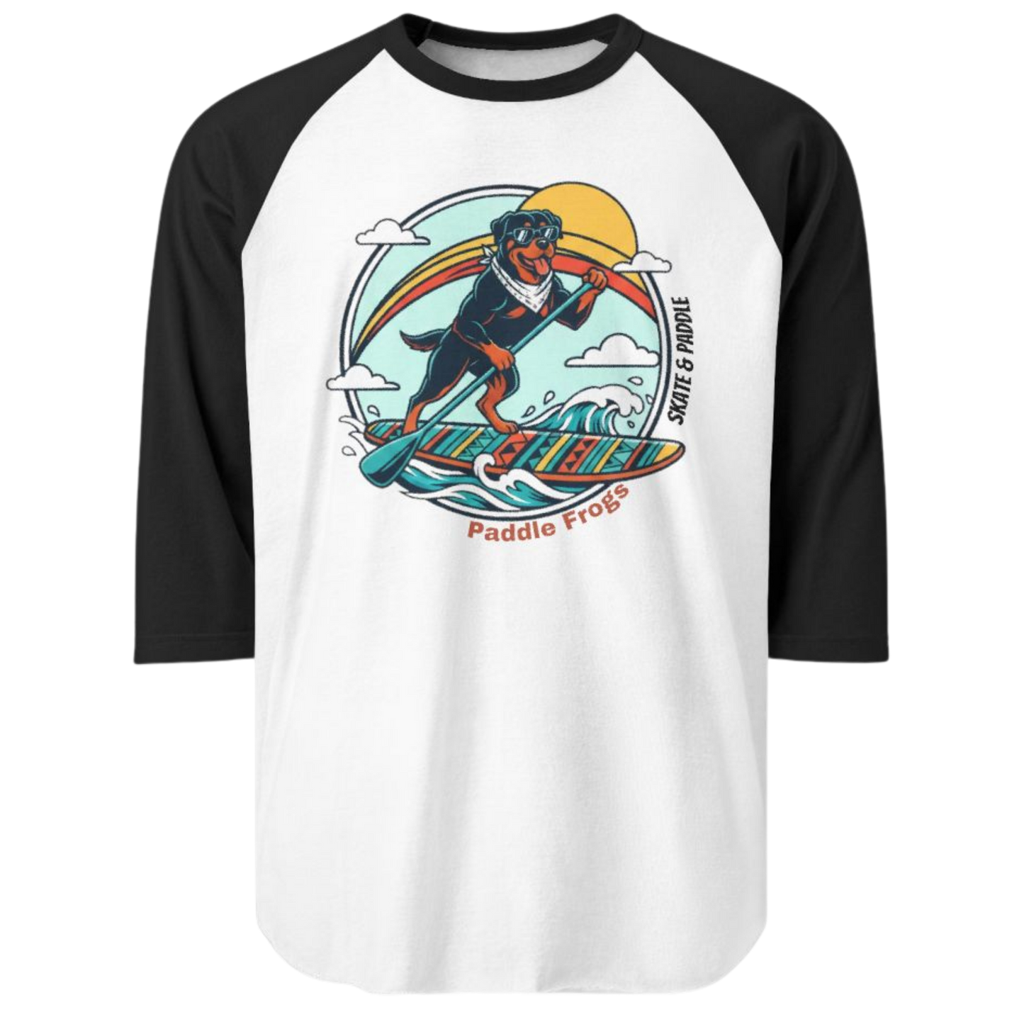 Baseball t-shirt with a colorful graphic of a rottweiler dog paddleboarding on a wave, on a transparent background.