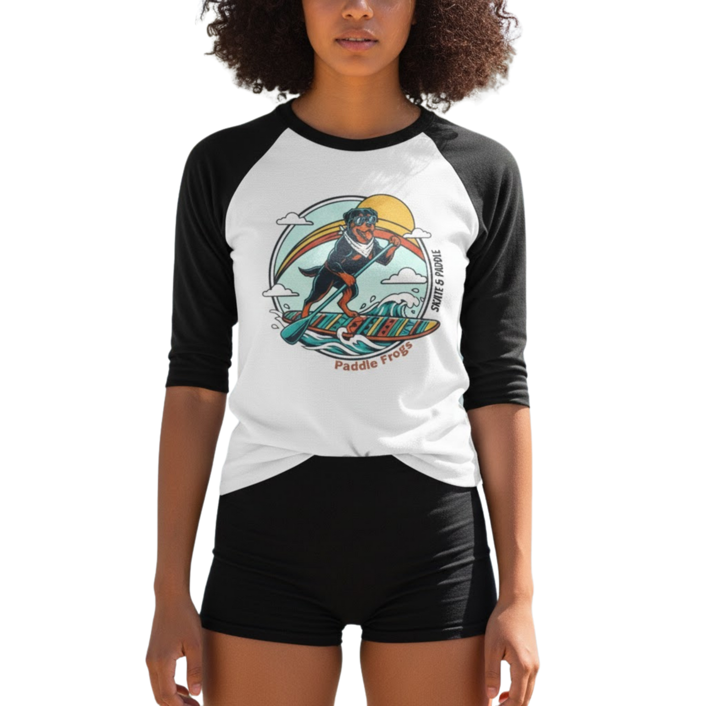 Rottweiler Paddleboarding tee by Paddle Frogs on a transparent background
