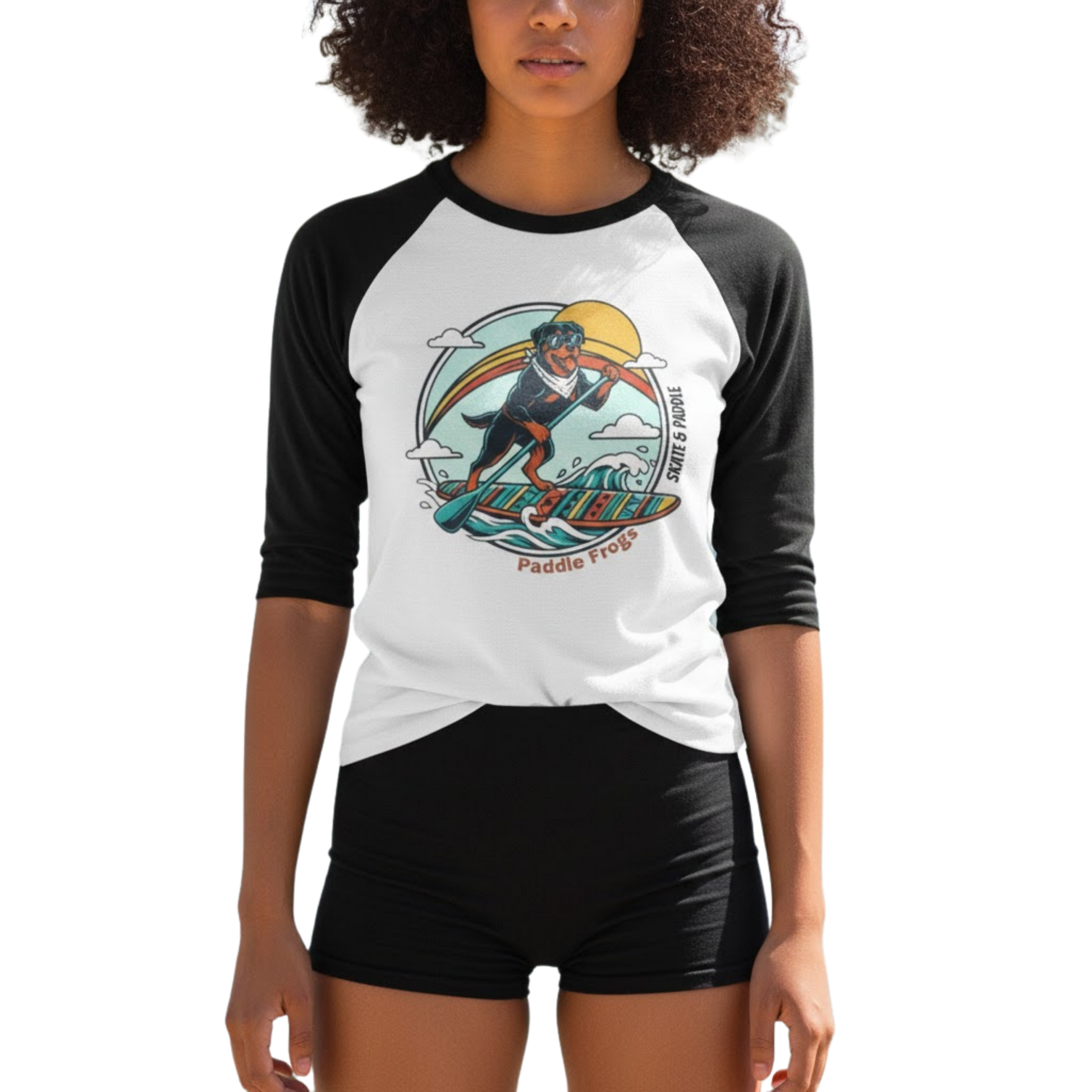 Rottweiler Paddleboarding tee by Paddle Frogs on a transparent background