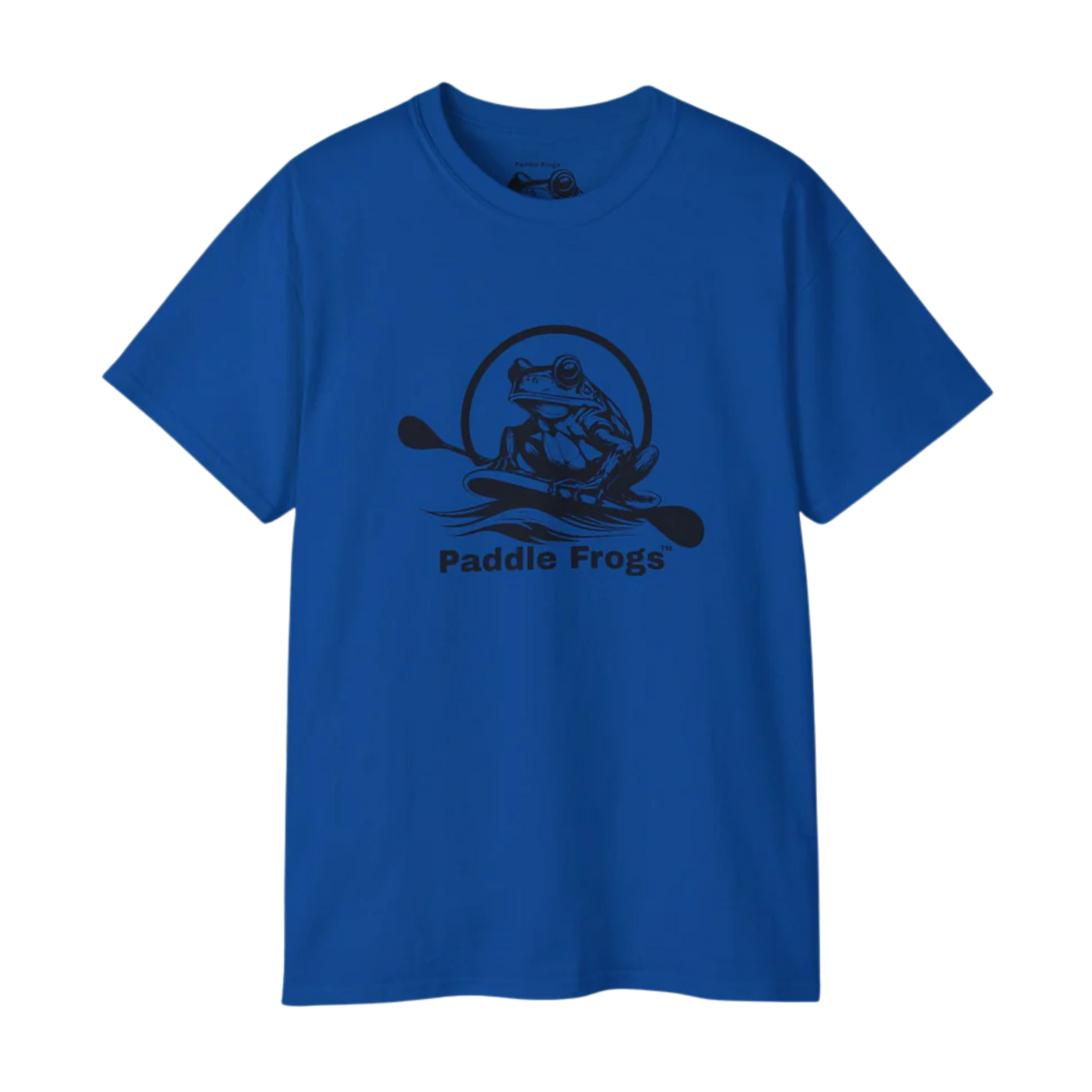 Blue t-shirt with 'Paddle Frogs' graphic design on a white background