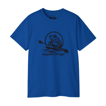 Blue t-shirt with 'Paddle Frogs' graphic design on a white background