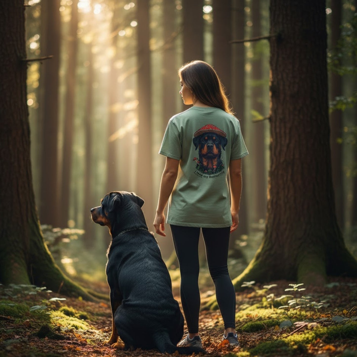 Sage Green color model in the forest | I love my Rottweiler Paddle Frogs Magic Mushroom Forest Tee