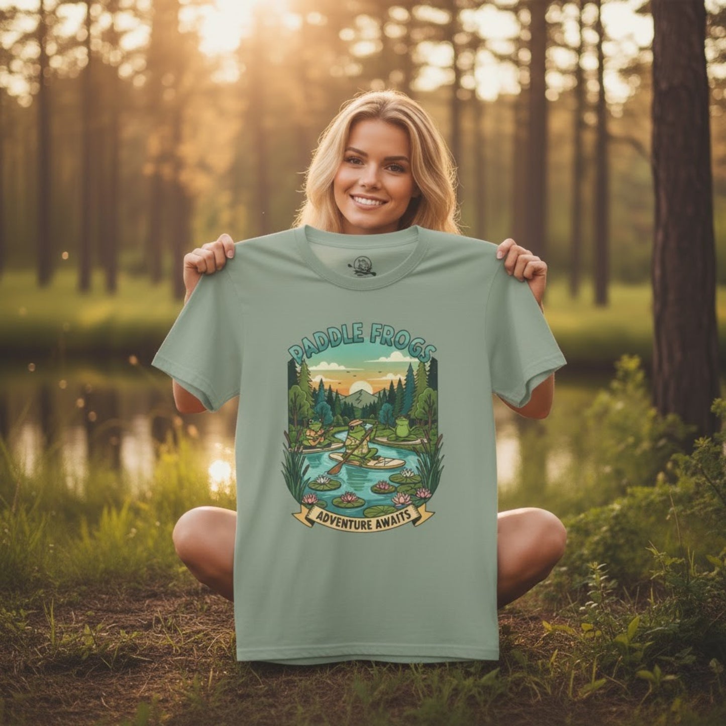 Sage color held by our model at sunrise - Adventure Awaits | Paddle Frogs: T-shirt